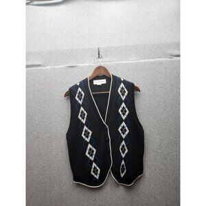 Vintage Norton McNaughton Black & Blue Argyle Knit Button-Up Sweater Vest - Size